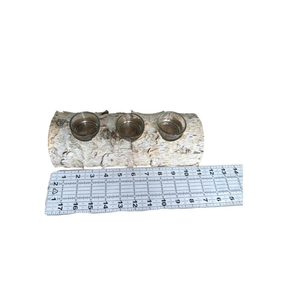 Rustic Wood Log Birch Bark 3 Tea Light Candle Holder Centerpiece Cabin Lodge 11”